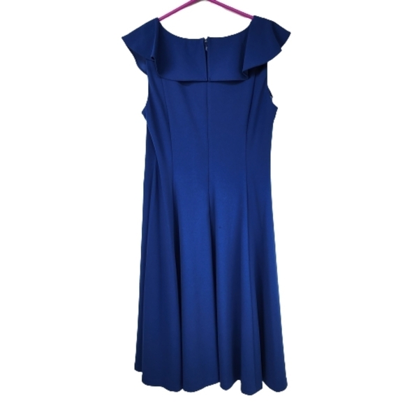 Calvin Klein Blue Ruffled V-Neck Midi Sheath Dress Size 12 - Picture 2 of 11